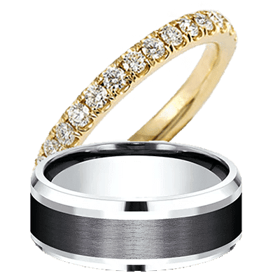 yellow gold pave diamond brushed metal wedding rings band set